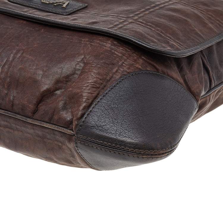Pre Owned Emporio Armani Dark Brown Leather Flap Messenger Bag