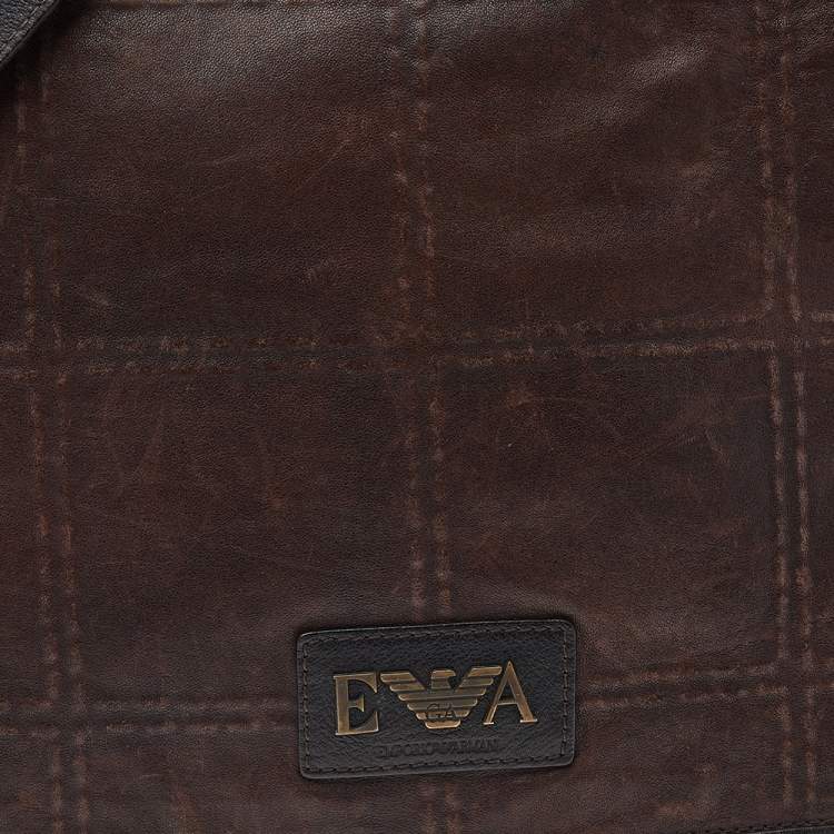 Pre Owned Emporio Armani Dark Brown Leather Flap Messenger Bag