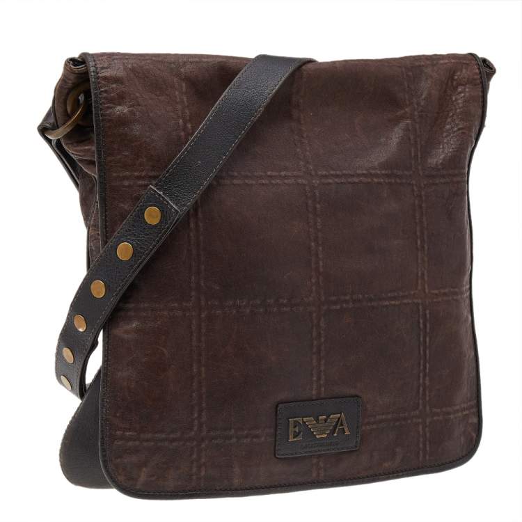 Pre Owned Emporio Armani Dark Brown Leather Flap Messenger Bag