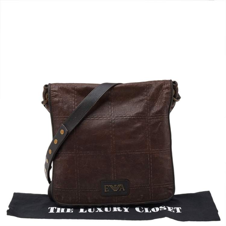 Pre Owned Emporio Armani Dark Brown Leather Flap Messenger Bag