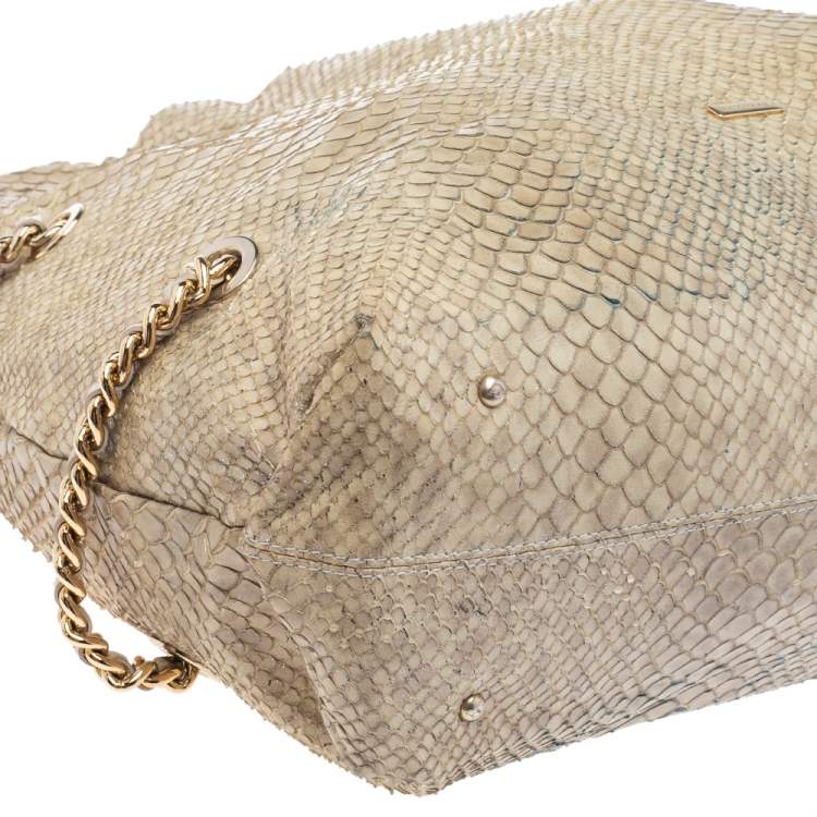 Pre Owned Emporio Armani Beige Glittery Snakeskin Embossed Leather Chain Detail Hobo