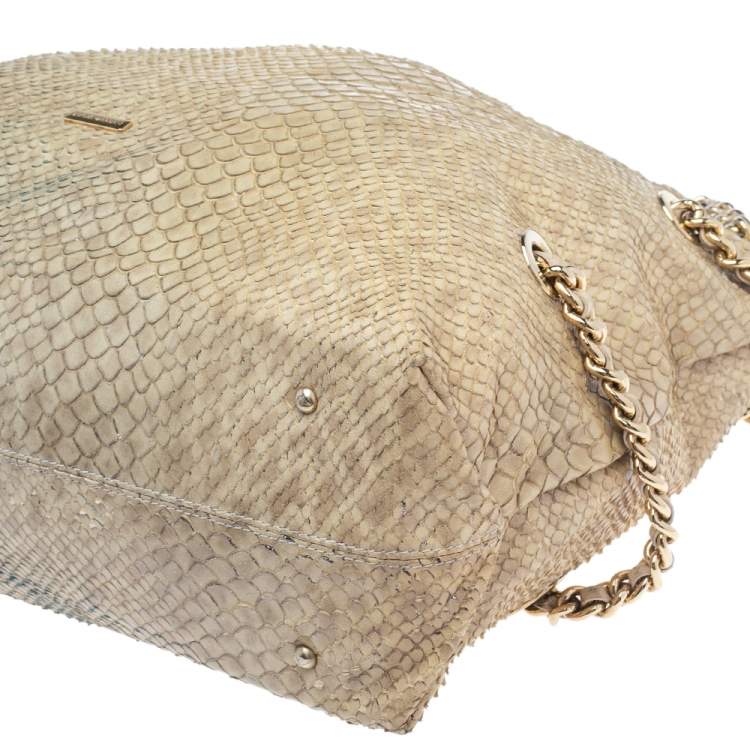 Pre Owned Emporio Armani Beige Glittery Snakeskin Embossed Leather Chain Detail Hobo