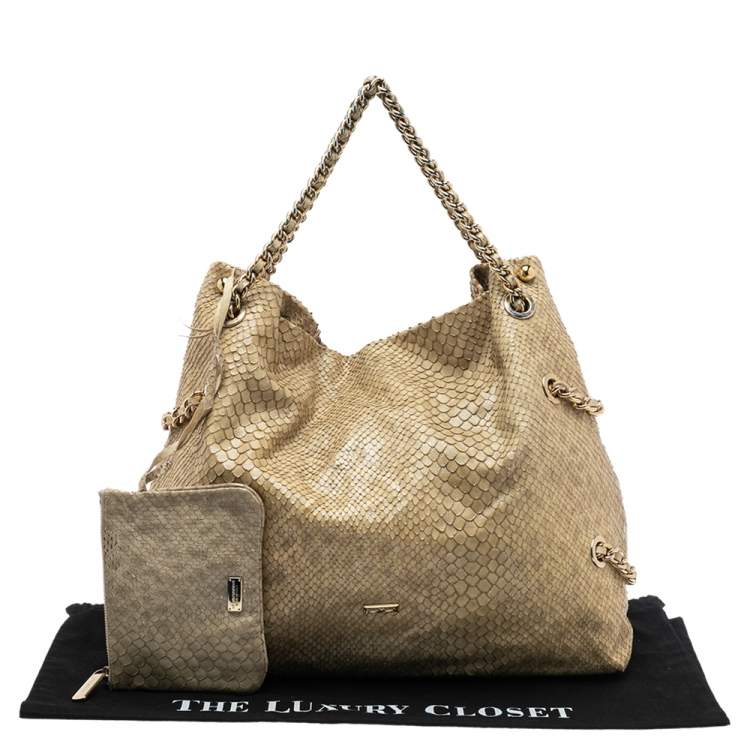Pre Owned Emporio Armani Beige Glittery Snakeskin Embossed Leather Chain Detail Hobo