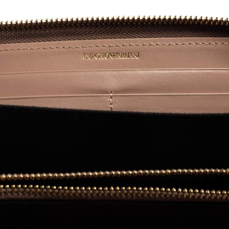 Pre Owned Emporio Armani Beige Printed Leather Zip Around Wallet