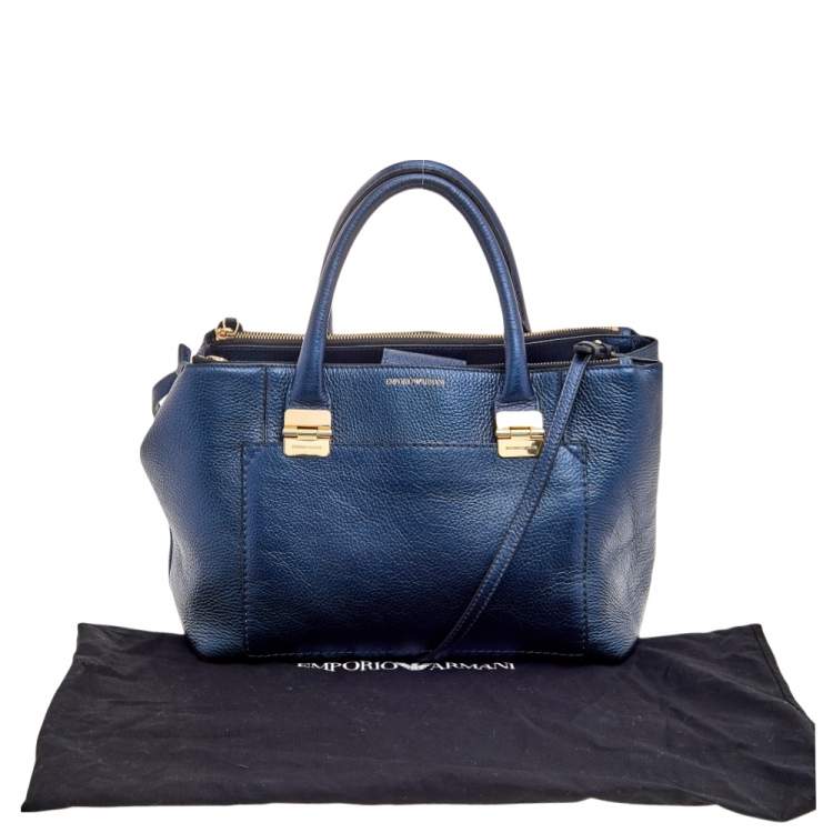 Pre Owned Emporio Armani Metallic Navy Blue Leather Tote