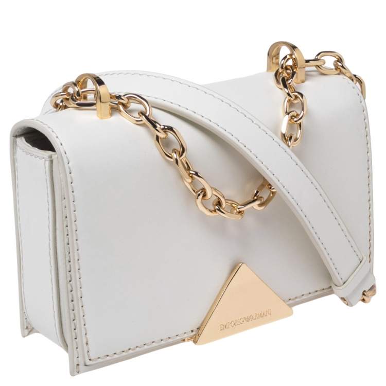 Pre Owned Emporio Armani White Leather Flap Crossbody Bag