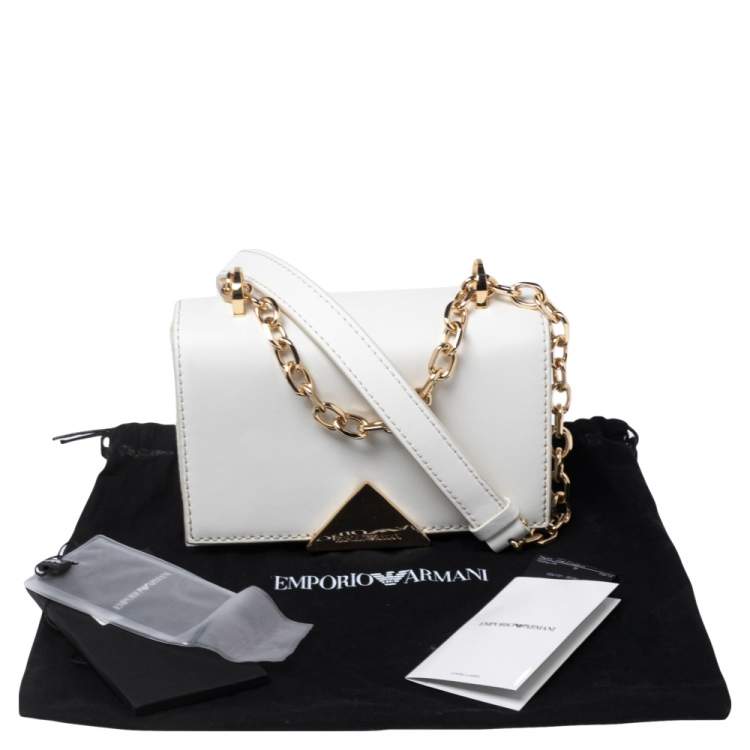 Pre Owned Emporio Armani White Leather Flap Crossbody Bag