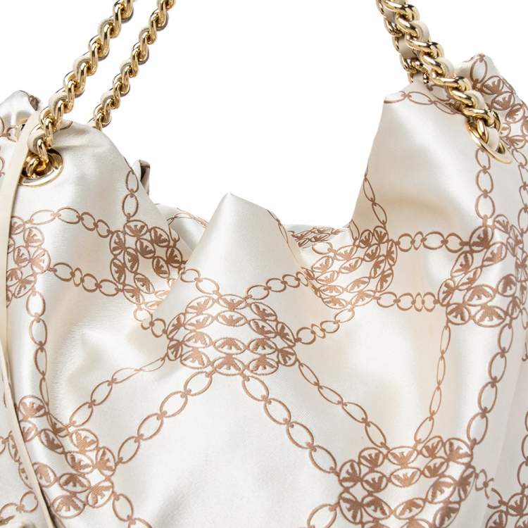 Pre Owned Emporio Armani Beige/Brown Logo Jacquard Fabric Chain Detail Hobo