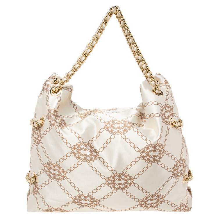 Pre Owned Emporio Armani Beige/Brown Logo Jacquard Fabric Chain Detail Hobo