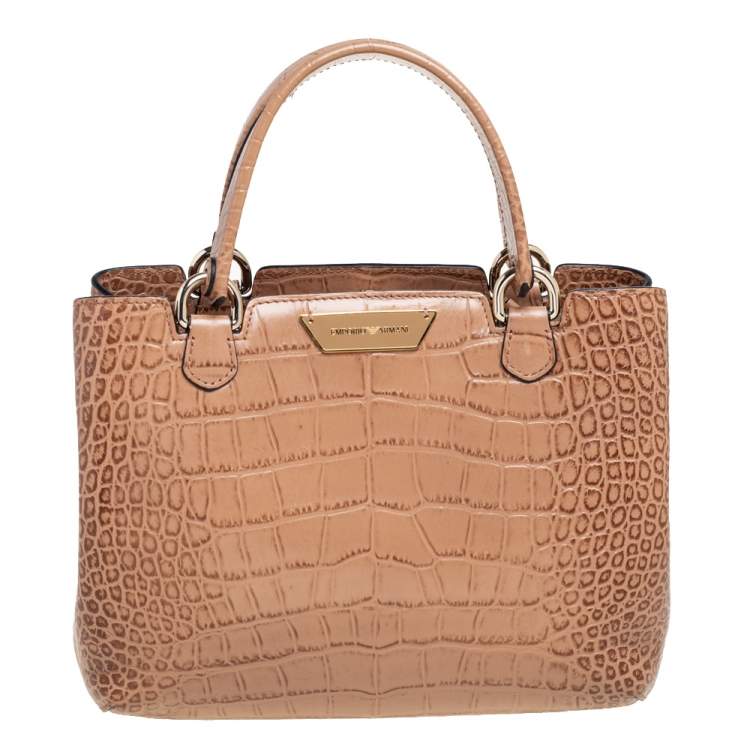 Pre Owned Emporio Armani Brown Croc Embossed Leather Tote