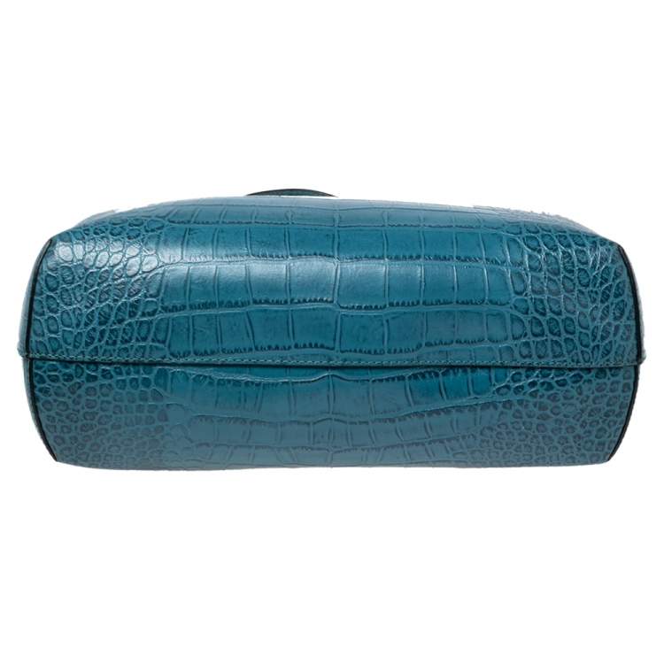 Pre Owned Emporio Armani Ocean Blue Croc Embossed Leather New Beverly Tote