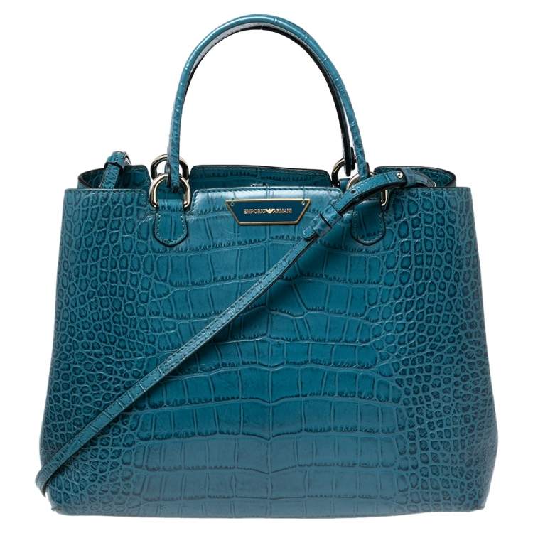 Pre Owned Emporio Armani Ocean Blue Croc Embossed Leather New Beverly Tote