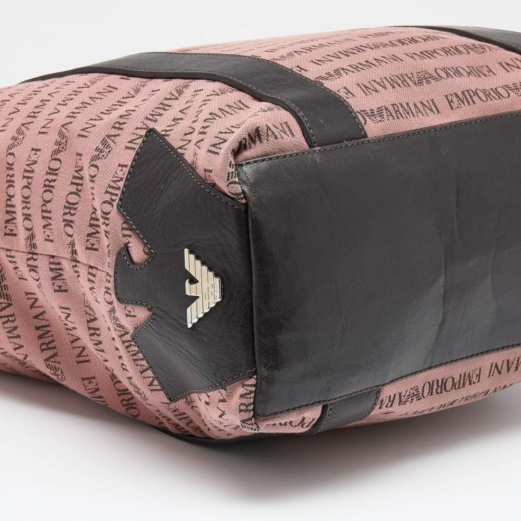 Pre Owned Emporio Armani Old Rose/Dark Brown Logo Print Canvas And Leather Tote