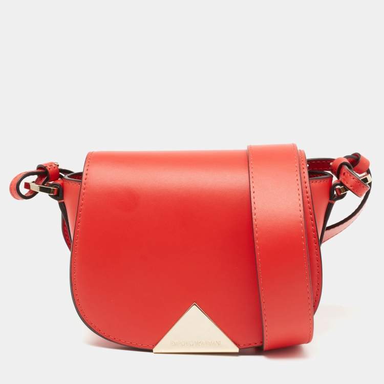 Pre Owned Emporio Armani Red Leather Flap Crossbody Bag   