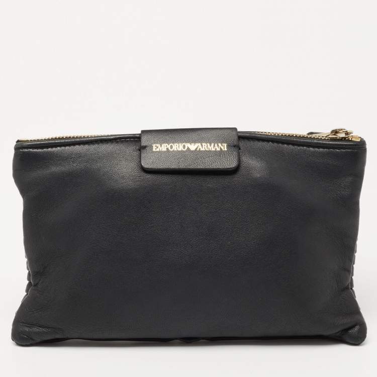 Pre Owned Emporio Armani Black Leather Wrist Clutch