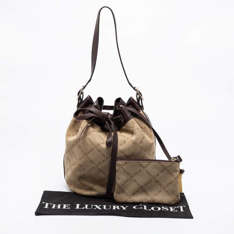 Pre Owned Emporio Armani Brown/Beige Signature Fabric and Leather Drawstring Bucket Bag 