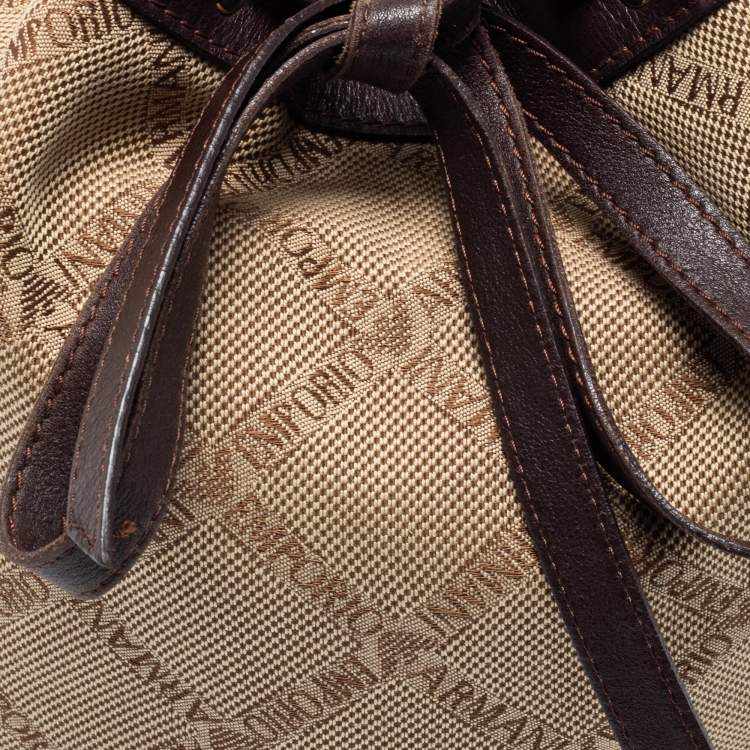Pre Owned Emporio Armani Brown/Beige Signature Fabric and Leather Drawstring Bucket Bag 