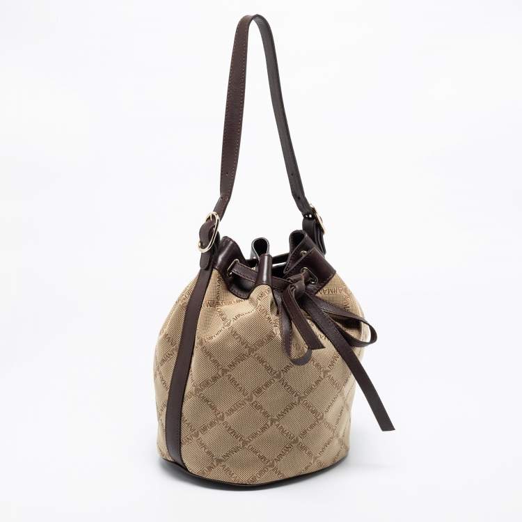 Pre Owned Emporio Armani Brown/Beige Signature Fabric and Leather Drawstring Bucket Bag 