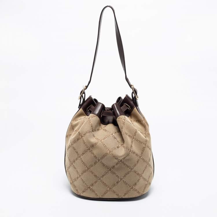 Pre Owned Emporio Armani Brown/Beige Signature Fabric and Leather Drawstring Bucket Bag 