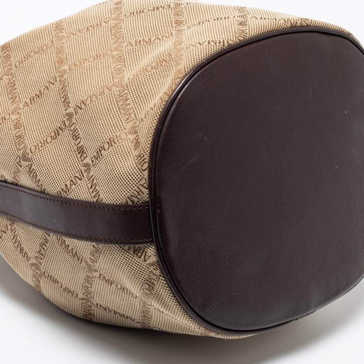 Pre Owned Emporio Armani Brown/Beige Signature Fabric and Leather Drawstring Bucket Bag 