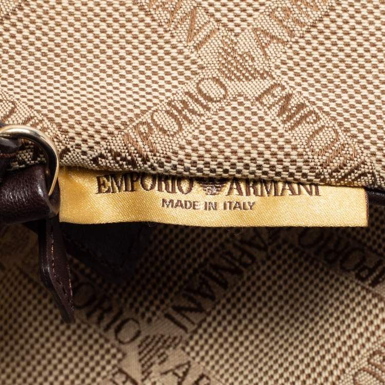 Pre Owned Emporio Armani Brown/Beige Signature Fabric and Leather Drawstring Bucket Bag 