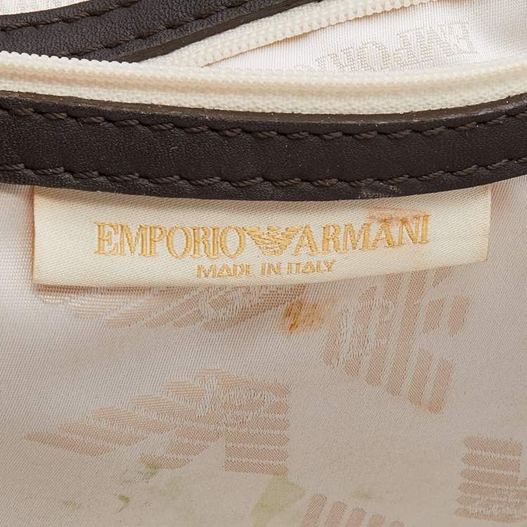 Pre Owned Emporio Armani Light Grey/Brown Logo Print Canvas And Leather Boston Bag