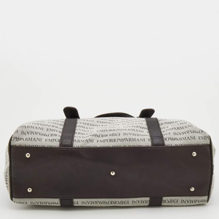 Pre Owned Emporio Armani Light Grey/Brown Logo Print Canvas And Leather Boston Bag