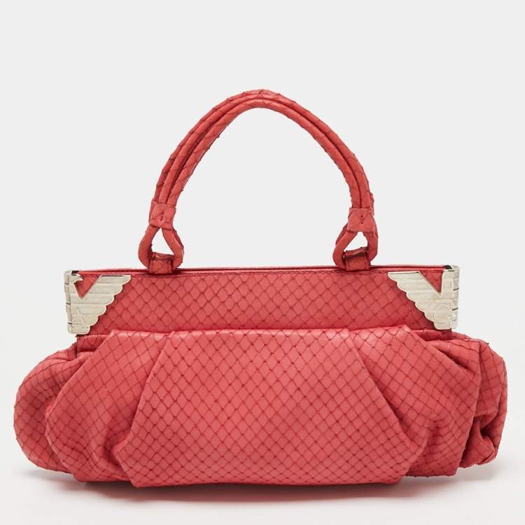 Pre Owned Emporio Armani Pink Snakeskin Embossed Leather Frame Satchel