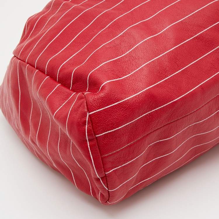 Pre Owned Emporio Armani Red Stripe Print Leather Top Handle Bag