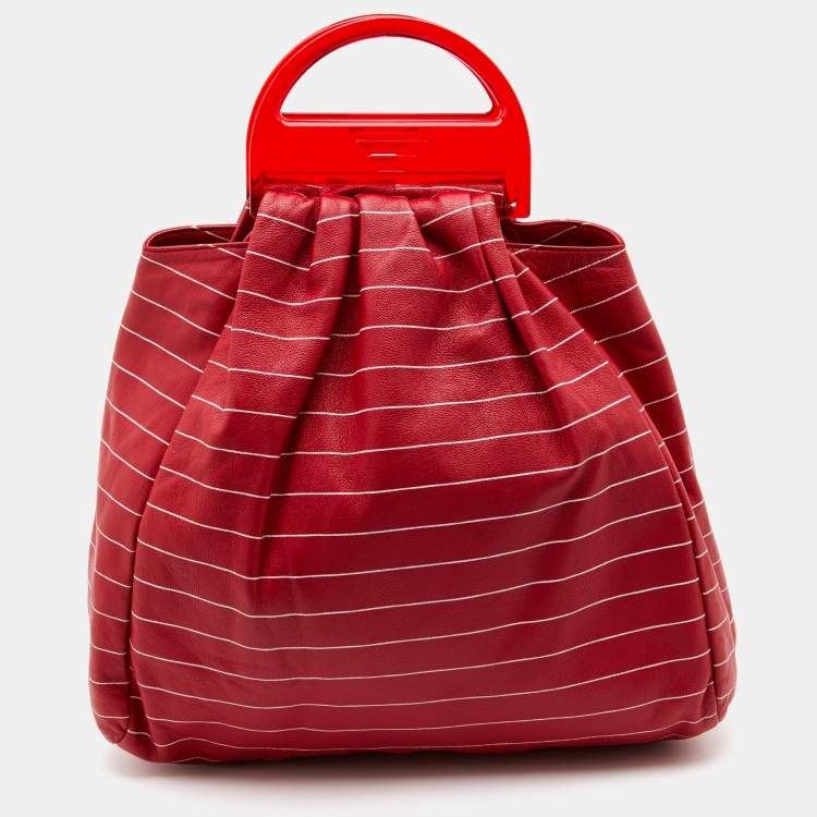 Pre Owned Emporio Armani Red Stripe Print Leather Top Handle Bag