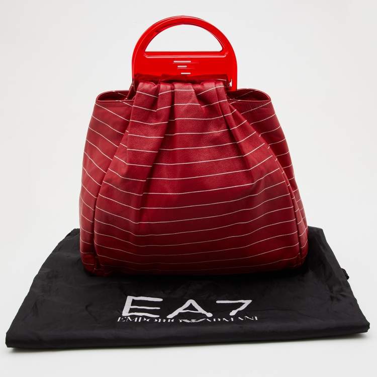 Pre Owned Emporio Armani Red Stripe Print Leather Top Handle Bag