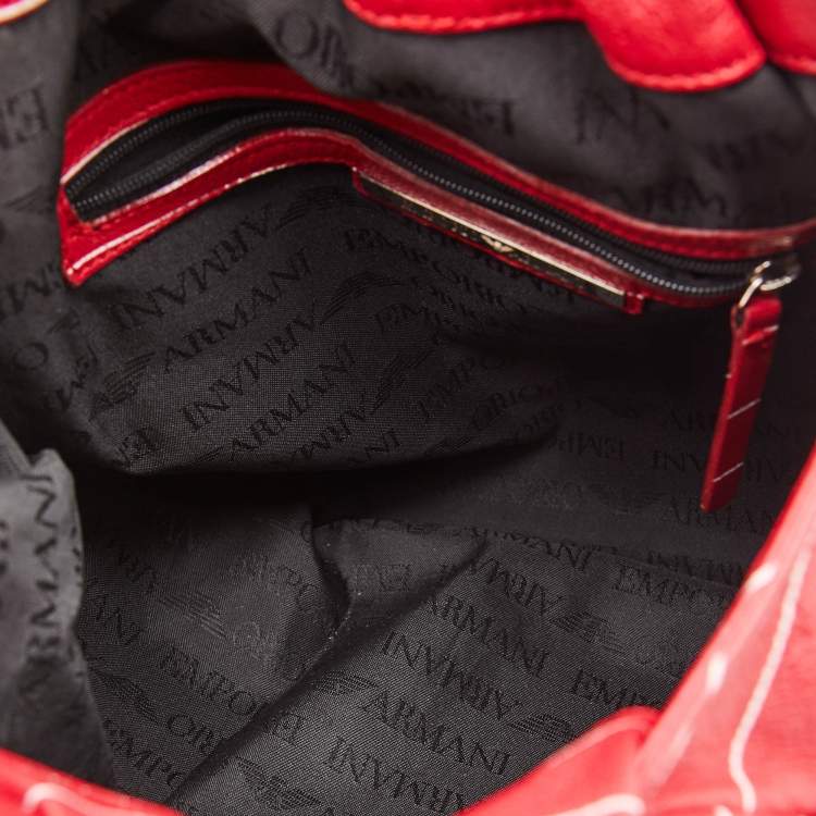 Pre Owned Emporio Armani Red Stripe Print Leather Top Handle Bag