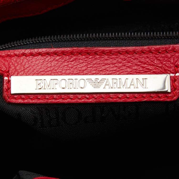 Pre Owned Emporio Armani Red Stripe Print Leather Top Handle Bag