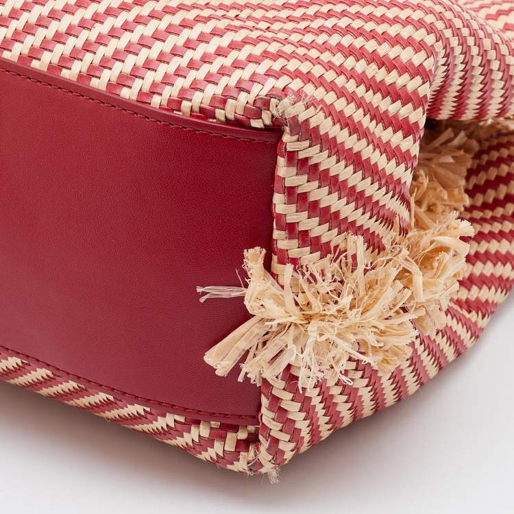 Pre Owned Emporio Armani Beige/Red Woven Raffia and Leather Tote