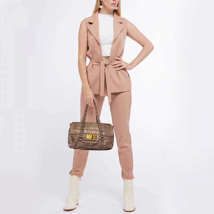 Pre Owned Emporio Armani Khaki Beige Croc Embossed Leather Satchel