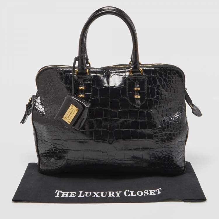 Pre Owned Emporio Armani Black Croc Embossed Leather Top Zip Satchel