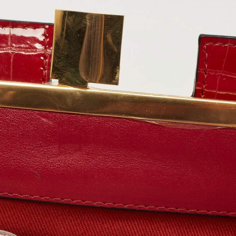 Pre Owned Emporio Armani Red Croc Embossed Patent Leather Crossbody Bag