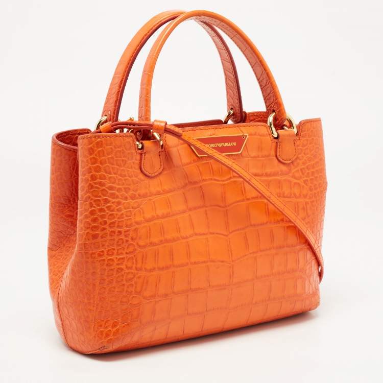 Pre Owned Emporio Armani Orange Croc Embossed Leather New Beverly Tote