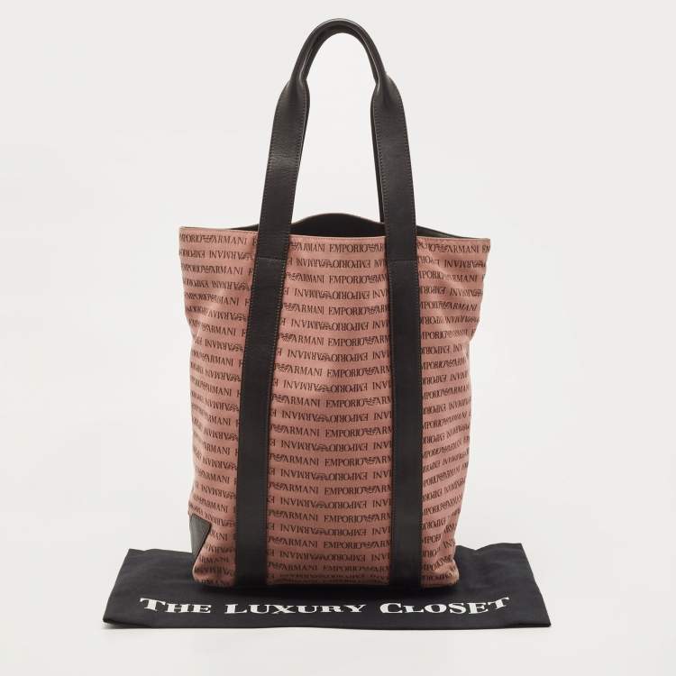 Pre Owned Emporio Armani Old Rose/Dark Brown Logo Print Canvas And Leather Tote