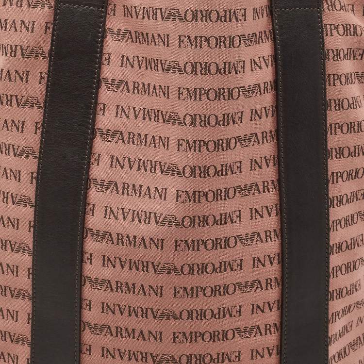 Pre Owned Emporio Armani Old Rose/Dark Brown Logo Print Canvas And Leather Tote