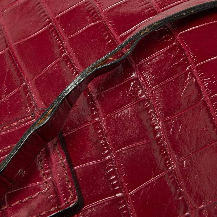 Pre Owned Emporio Armani Red Croc Embossed Leather Zip Satchel 