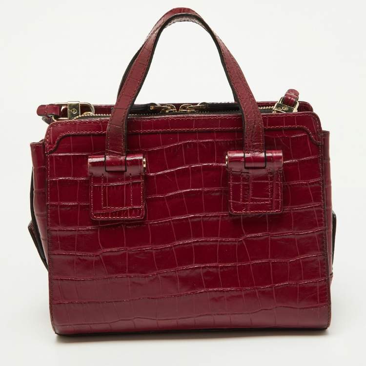 Pre Owned Emporio Armani Red Croc Embossed Leather Zip Satchel 