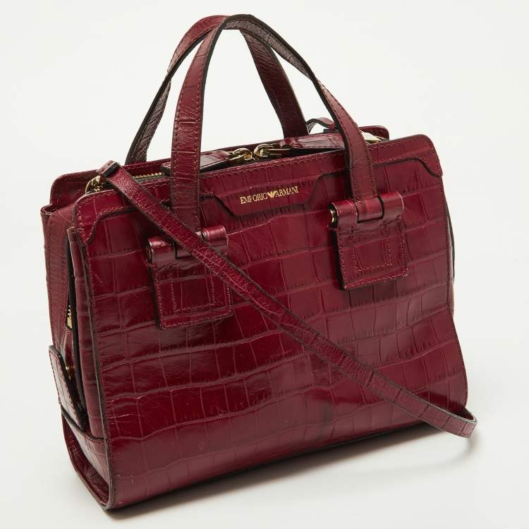Pre Owned Emporio Armani Red Croc Embossed Leather Zip Satchel 