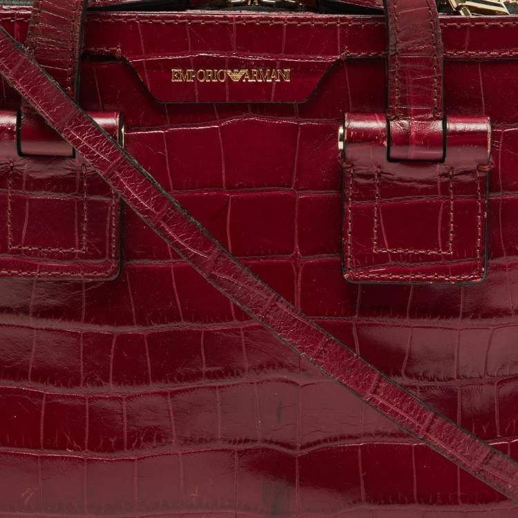 Pre Owned Emporio Armani Red Croc Embossed Leather Zip Satchel 