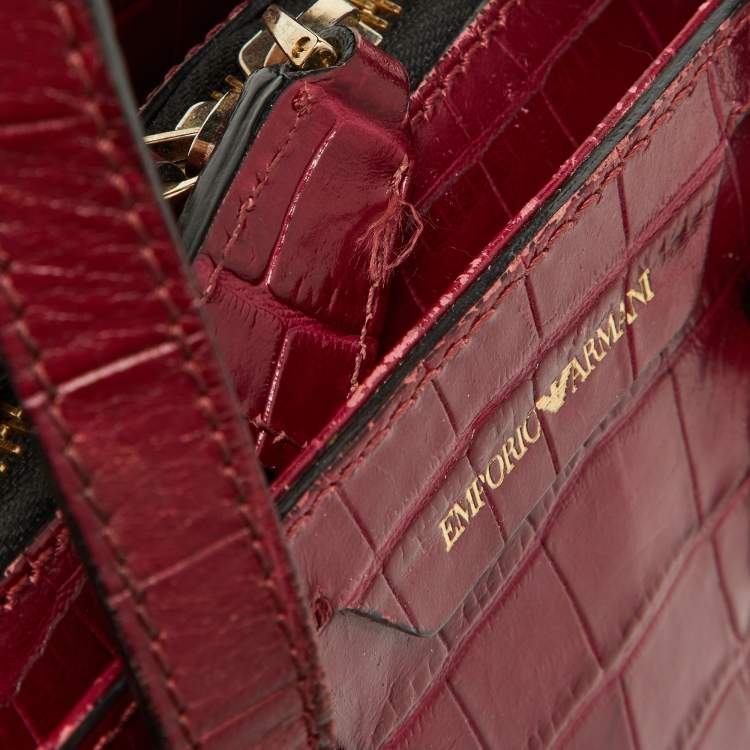 Pre Owned Emporio Armani Red Croc Embossed Leather Zip Satchel 