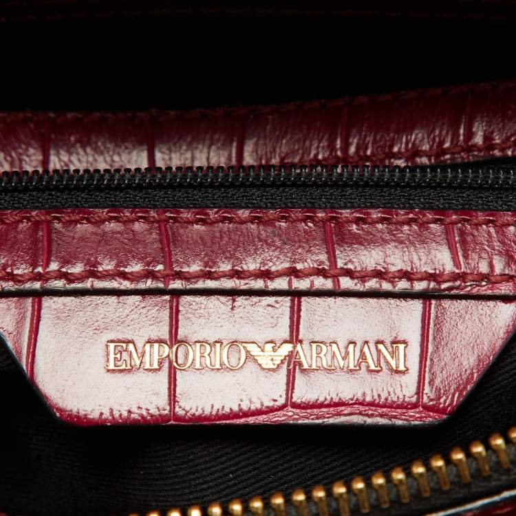 Pre Owned Emporio Armani Red Croc Embossed Leather Zip Satchel 