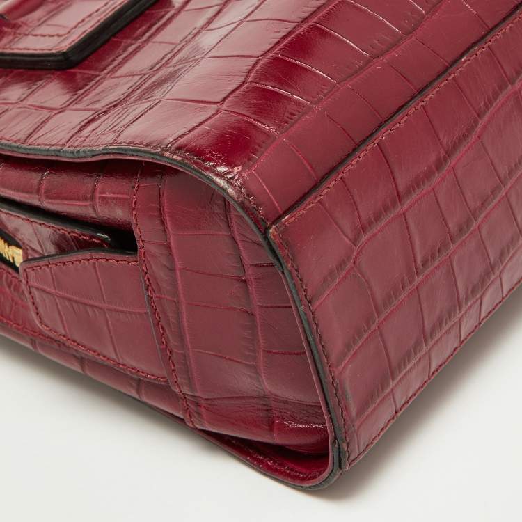 Pre Owned Emporio Armani Red Croc Embossed Leather Zip Satchel 