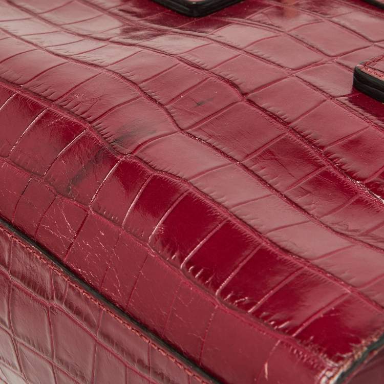 Pre Owned Emporio Armani Red Croc Embossed Leather Zip Satchel 