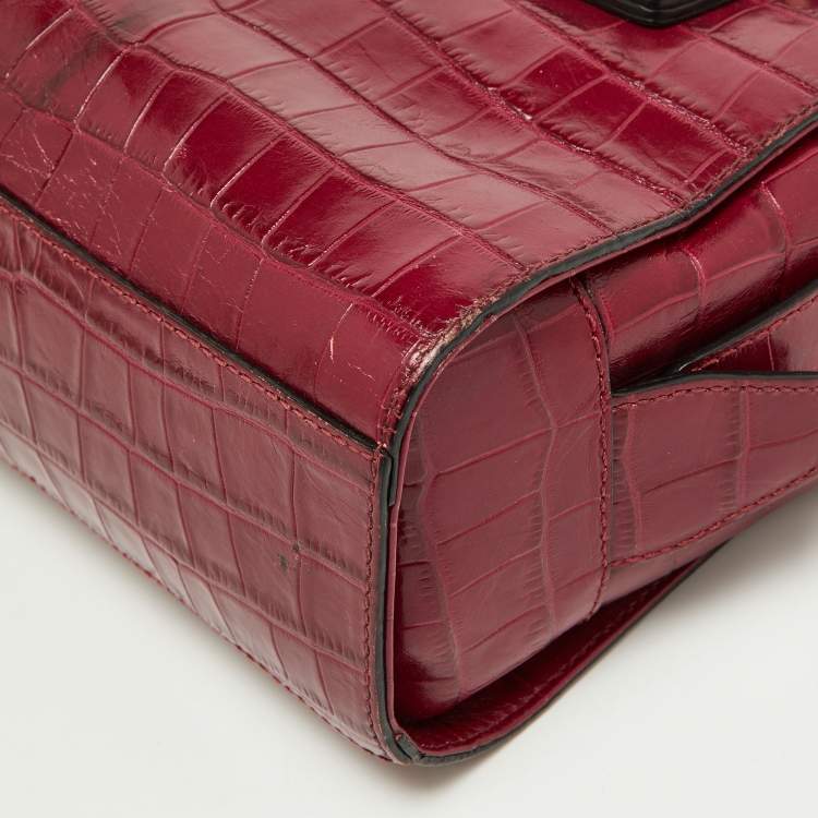 Pre Owned Emporio Armani Red Croc Embossed Leather Zip Satchel 