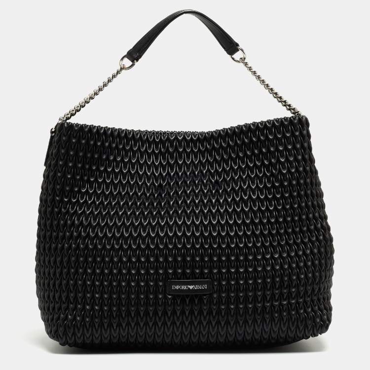 Pre Owned Emporio Armani Black Textured Faux Leather Chain Hobo